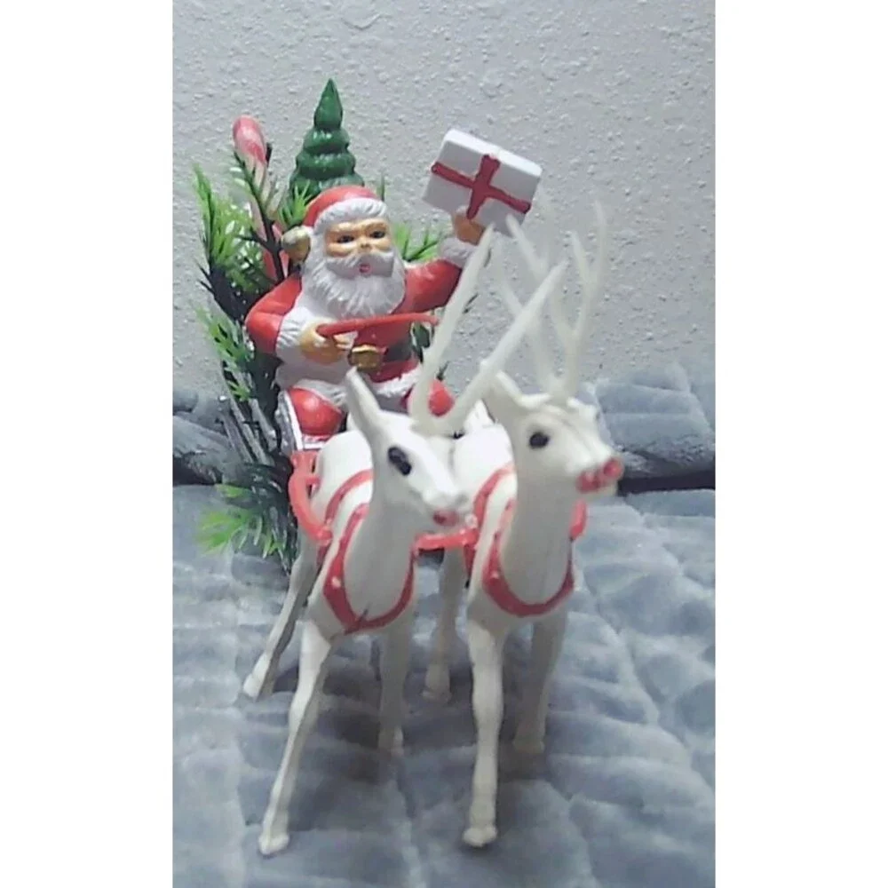 1960s/70s Plastic Xmas Kitsch Blow Mold, Santa, Sleigh & Reindeer, Holiday Decor
